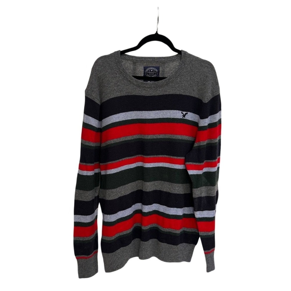 American Eagle Outfitters Mens XXL Athletic Fit Striped Wool Blend Sweater Gray